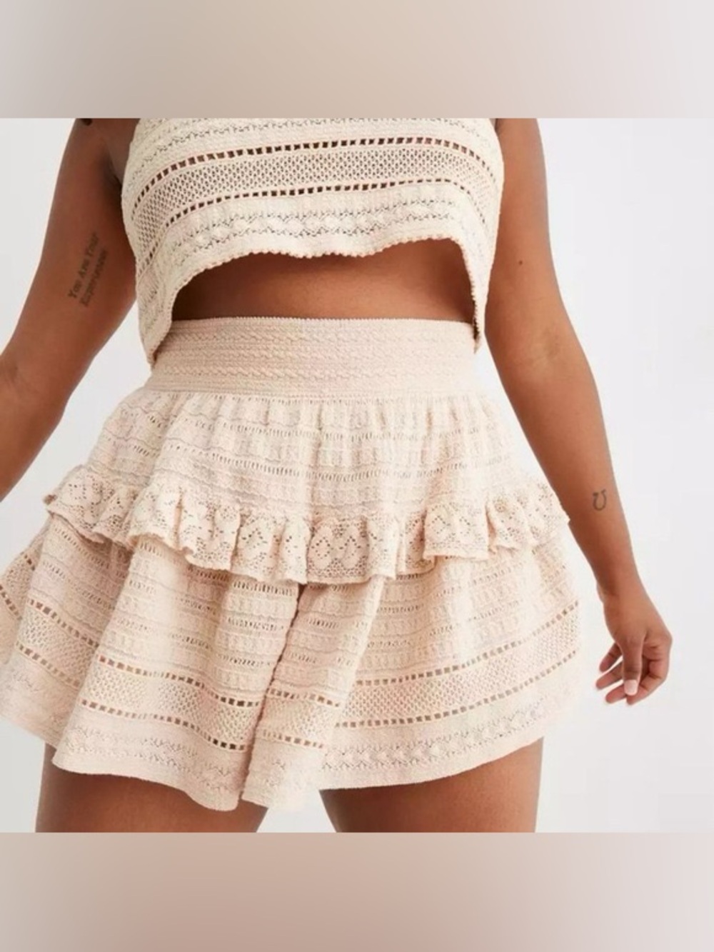 Aerie Textured Lace Ruffle Mini Skirt — Sandlewood